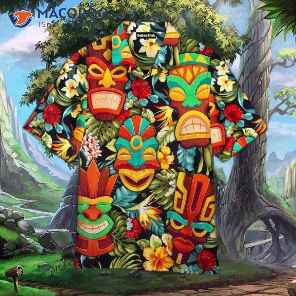 Tiki Head With Colorful Tropical Leaves And Hawaiian Shirts