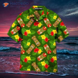 tiki masks hibiscus flowers tropical summers on paradise beaches and green hawaiian shirts 0