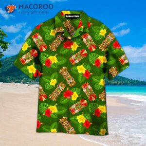 tiki masks hibiscus flowers tropical summers on paradise beaches and green hawaiian shirts 1