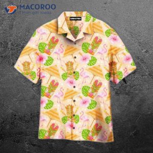 tiki masks tropical summers on paradise beach pink and yellow hawaiian shirts 0