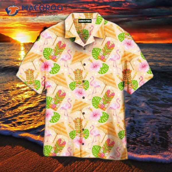 Tiki Masks, Tropical Summers On Paradise Beach, Pink And Yellow Hawaiian Shirts
