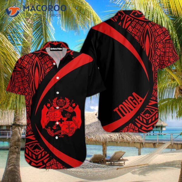 Tonga Polynesian-patterned Black And Red Hawaiian Shirts