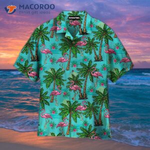Trees, Pink Flamingos, Tropical, Colorful Green And Blue Hawaiian Shirts