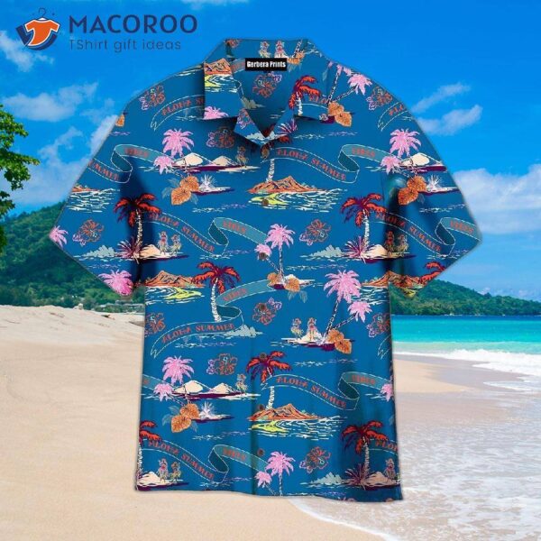 Trendy Tropical Island With Dark Ocean Blue Palm Trees On The Beach And Hawaiian Shirts