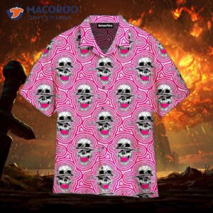 trippy screaming glitched skulls pattern pink hawaiian shirts 1