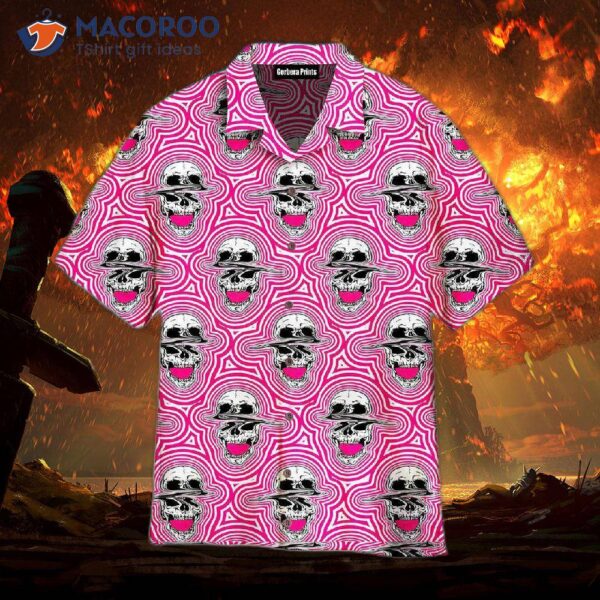 Trippy, Screaming Glitched Skulls Pattern Pink Hawaiian Shirts