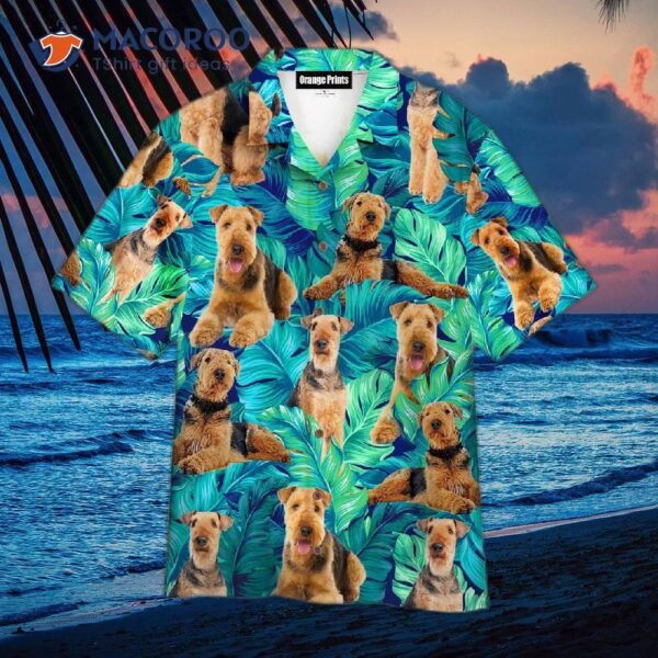 Tropical Airedale Terriers Wearing Green Hawaiian Shirts