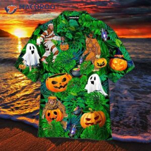 Tropical Bigfoot, Halloween Pumpkin, Ghost, Devil Pattern Green Hawaiian Shirts
