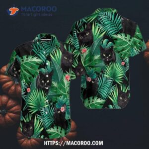 Tropical Black Cat Hawaiian Shirts, Halloween Gifts For Coworkers