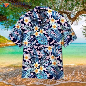 tropical blue palm leaves floral pattern hawaiian shirts 0