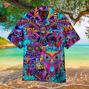 tropical colorful neon owl hawaiian shirt 1