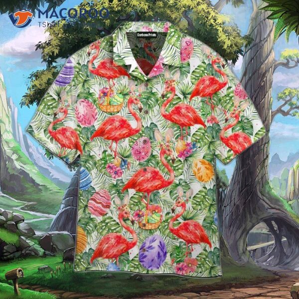 Tropical Flamingo, Easter Egg, Palm Leaf Pattern Hawaiian Shirts