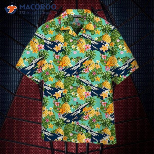 Tropical Flowers And Pineapples Air Force Green Hawaiian Shirts