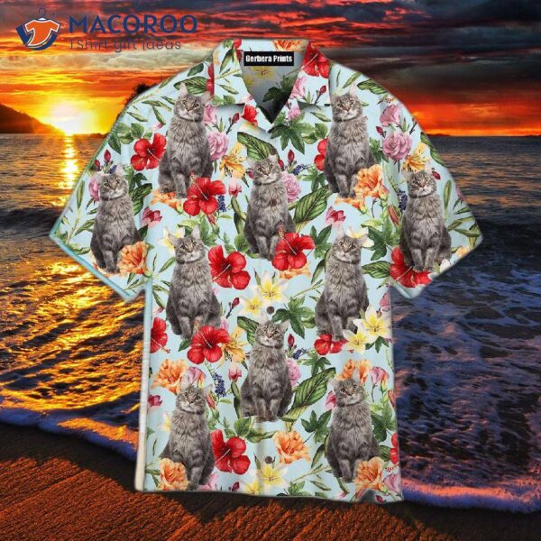 Tropical Flowers, Maine Coon Cats Pattern, Hawaiian Shirts
