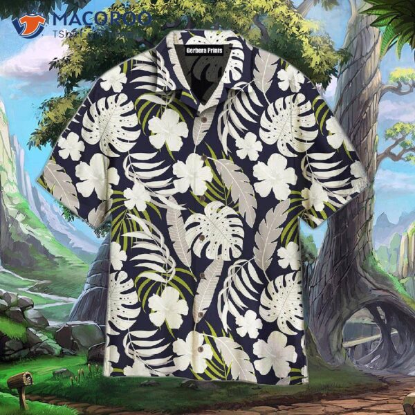 Tropical Hawaiian Shirts With A Seamless White Flowers And Plants Pattern