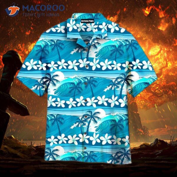 Tropical Hibiscus, Palm Trees, And Blue White Hawaiian Shirts At Sunset.