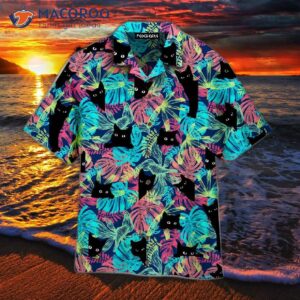 Tropical-leafed Black Cat Hawaiian Shirts