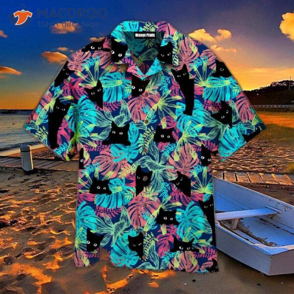 Tropical-leafed Black Cat Hawaiian Shirts