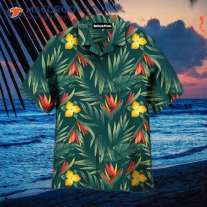 tropical leaves and flowers patterned green hawaiian shirts 0