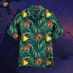 tropical leaves and flowers patterned green hawaiian shirts 1