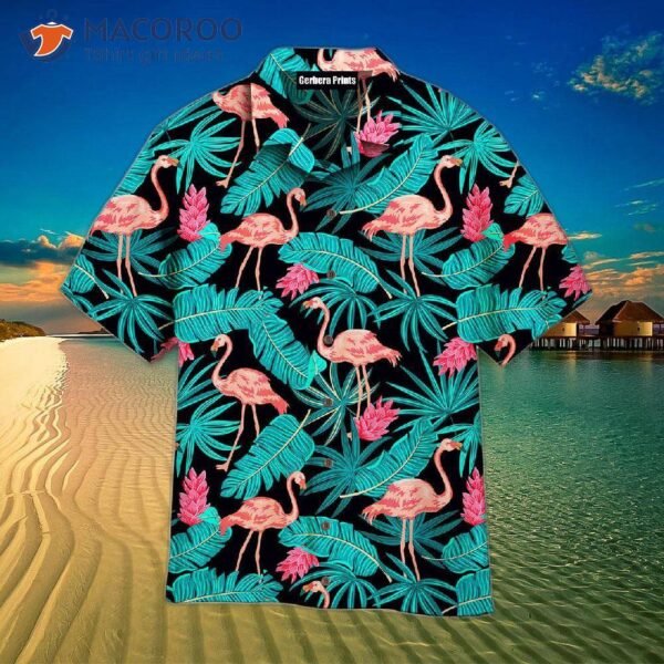 Tropical Leaves, Flamingo, And Black Hawaiian Shirts