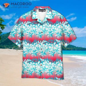 Tropical Palm Trees With Hibiscus Flowers, Red And Blue Hawaiian Shirts.