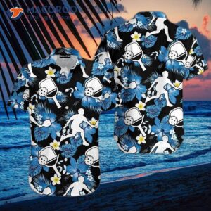 Tropical Pickleball Players In Hibiscus Black And Blue Hawaiian Shirts