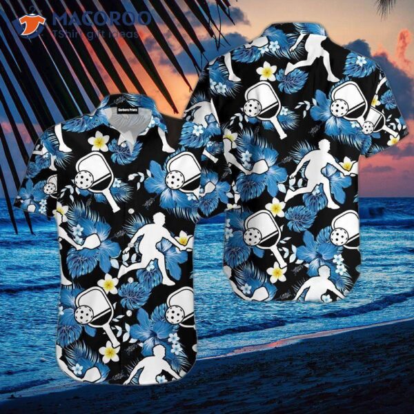 Tropical Pickleball Players In Hibiscus Black And Blue Hawaiian Shirts