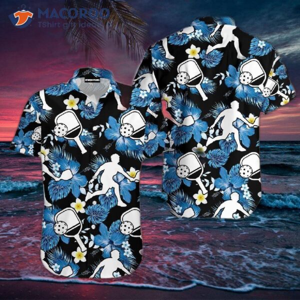 Tropical Pickleball Players In Hibiscus Black And Blue Hawaiian Shirts