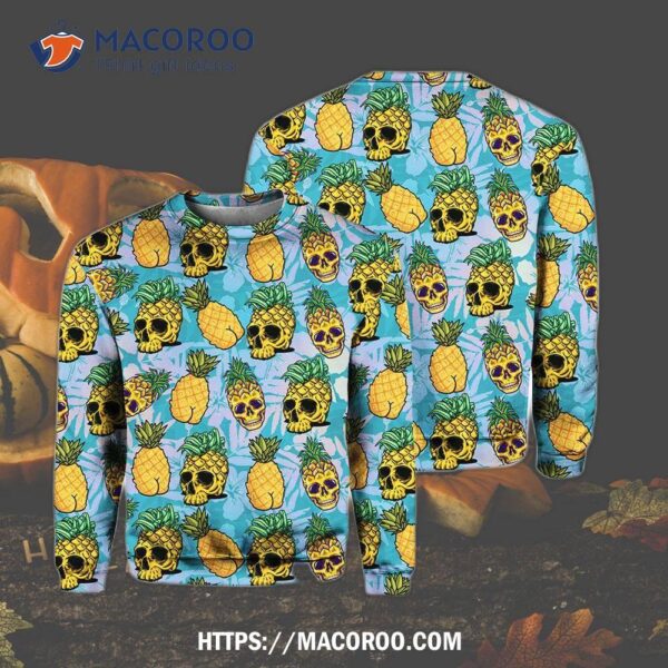 Tropical Pineapple Skull All Over Crewneck Sweatshirt, Best Halloween Gifts For Adults