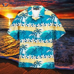 Tropical Surfing With Palm Trees, Blue And White Hawaiian Shirts
