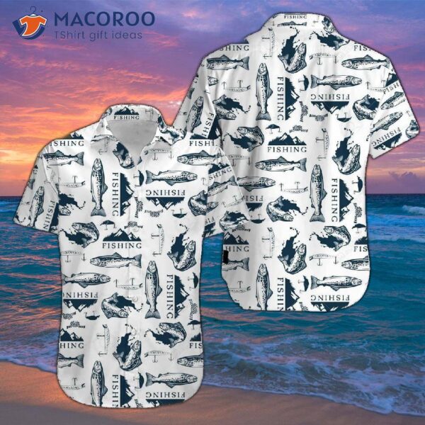 Trout-patterned White Hawaiian Fishing Shirts