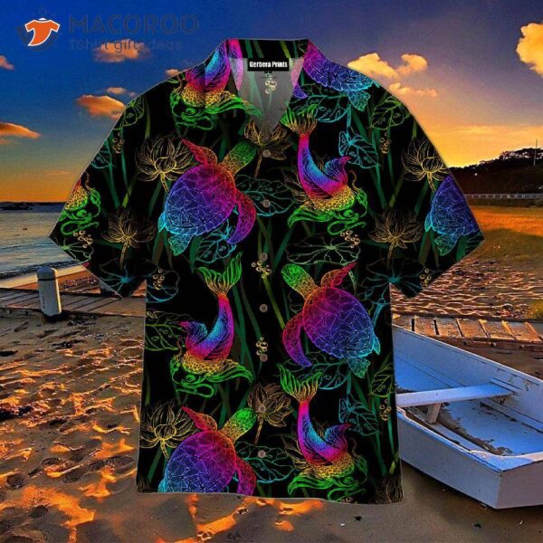 Turtle Sea Neon Black And Blue Hawaiian Shirts