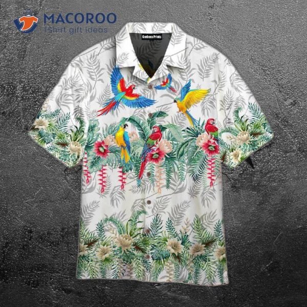 Vintage Botanical Lotus And Macaw Parrot White Hawaiian Shirts