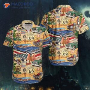 vintage cars route 66 american flag hawaiian shirts 0