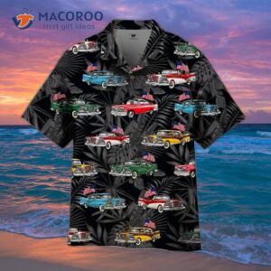 Vintage Cars With American Flags And Black Hawaiian Shirts