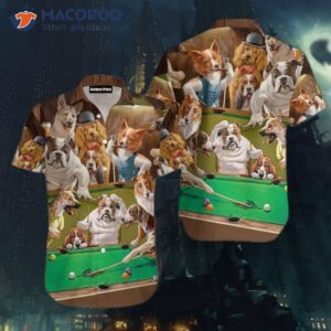 vintage dogs playing pool in brown hawaiian shirts 1