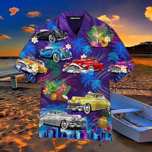 Vintage Hot Rod Car Sunset Beach Hawaiian Shirts