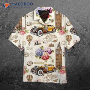 Vintage Retro Car, Clock Tower, Hot Air Balloon, And Hawaiian Shirts