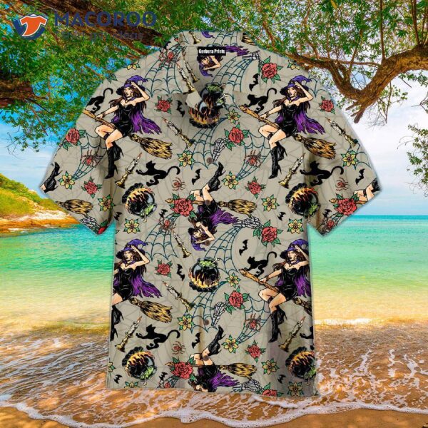 Vintage Witch Halloween Pattern Gray Hawaiian Shirts