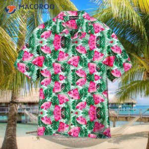 watermelon print tropical green leaf hawaiian shirts 0