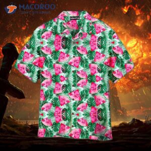 Watermelon-print Tropical Green Leaf Hawaiian Shirts