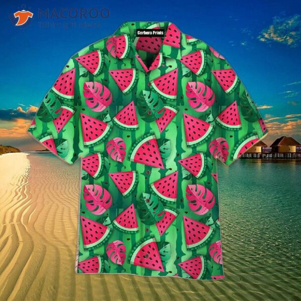 Watermelon Slices, Tropical Leaves, And Green Hawaiian Shirts.