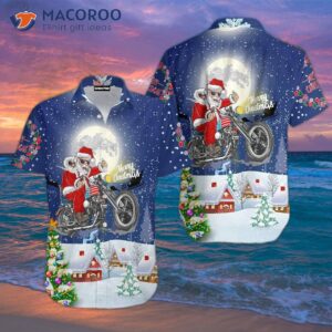 wearing white and blue hawaiian shirts santa is driving on christmas moon 1