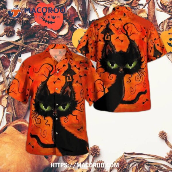 Weird Black Cat At Night Spooky Pattern Orange Hawaiian Shirts, Small Halloween Gifts