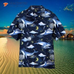 Whales, Clouds, Moon, Stars, Space, Blue And Yellow Hawaiian Shirts