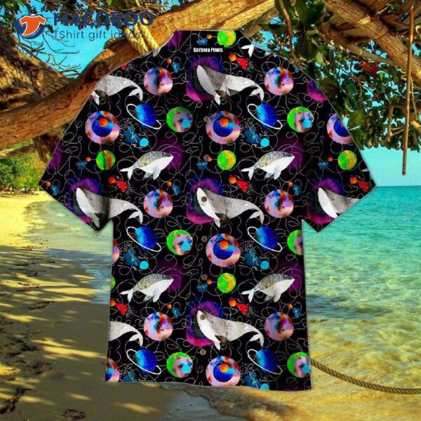 Whales, Planets, Stars, Colorful, Black And Grey Hawaiian Shirts