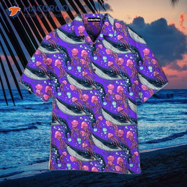 Whales With Jellyfish Patterned Purple Hawaiian Shirts