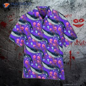 Whales With Jellyfish Patterned Purple Hawaiian Shirts