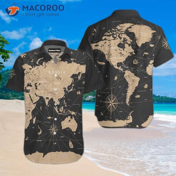 World Map Vintage Black Hawaiian Shirts